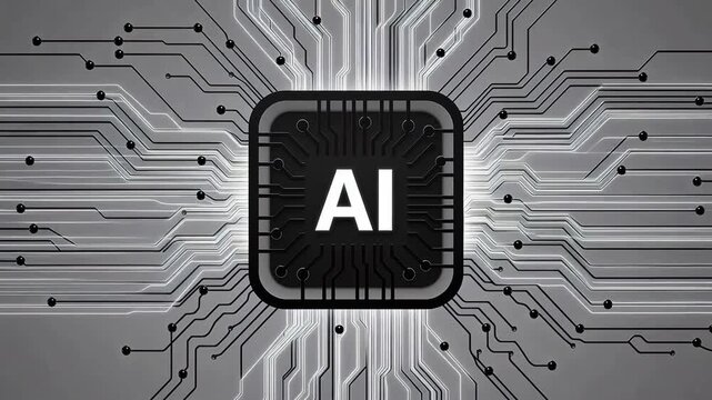 AI chip icon design: minimalist black-and-white circuit board symbol with 'AI' text, representing artificial intelligence, machine learning, and smart technology concepts.