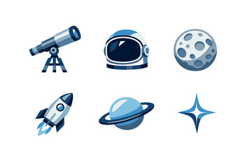 A collection of six blue space-themed icons including a telescope, astronaut helmet, cratered moon, rocket ship, ringed planet, and a four-pointed star on a black background. © Mark