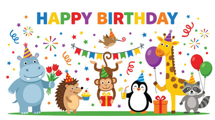 Cute Cartoon Animals Celebrating Happy Birthday with Gifts Balloons and Confetti