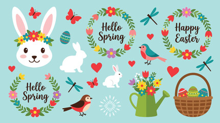Cute Easter and Spring Elements Collection with Bunnies Flowers and Birds Vector Illustration