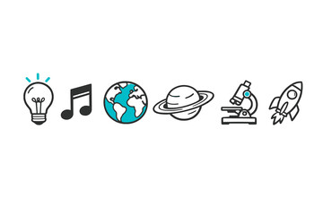 A row of six hand-drawn icons representing science, art, and exploration, including a light bulb, musical note, globe, planet, microscope, and rocket on a black background. © Mark