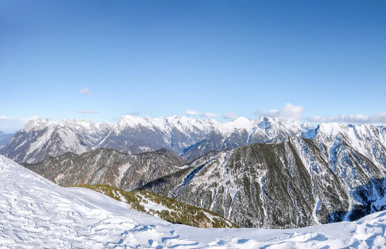 Panorama of winter landscape with snow covered Alps in Seefeld inTirol, Austria