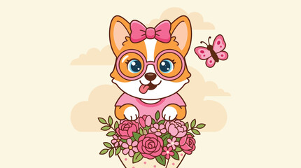 Adorable cartoon Corgi dog with pink glasses and bow in a flower basket with butterfly