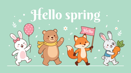 Happy cartoon animals rabbit bear fox welcoming spring with Hello text and cute items