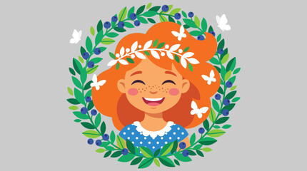 Joyful cartoon girl with orange hair laughing in nature wreath with butterflies