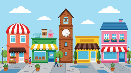 Obraz premium Colorful town street with shops people and a clock tower under a blue sky