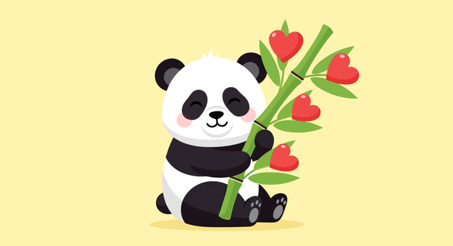 A cute panda holding heart-shaped flowers on a yellow background