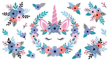 Cute Unicorn Face with Floral Wreath and Pink Glitter Horn Vector Illustration