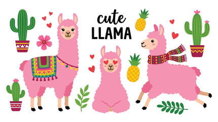 Adorable Pink Llamas with Cacti Pineapples and Hearts Flat Vector Illustration