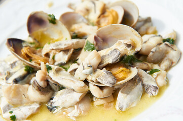 Fresh clams and cod cheeks serving delicious meal