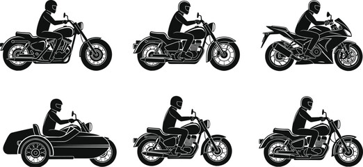 Motorcycle rider silhouette collection featuring cruiser sportbike chopper touring and sidecar bikes vector illustration isolated on white © MdAkramul