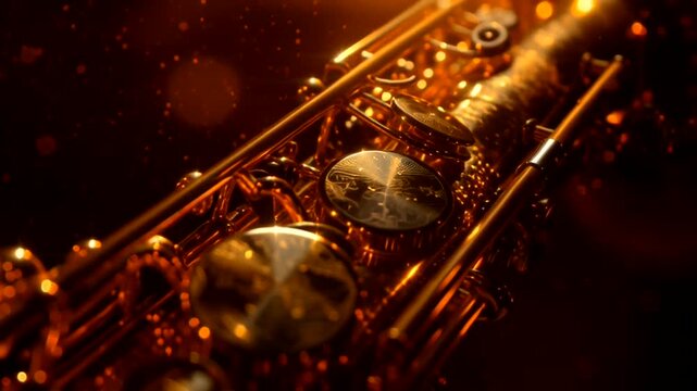 Close-up Macro Shot of a Saxophones Keys with Golden Bokeh Lights.