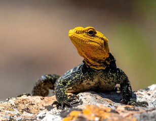 Obraz premium Vivid reptile with yellow head, atop textured stone, looking upward