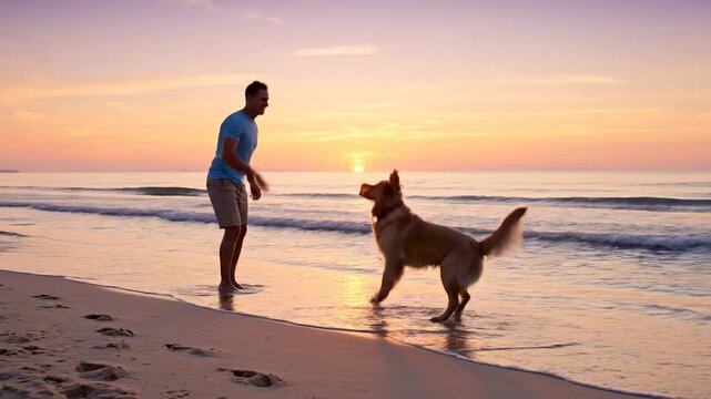 A man and his canine companion frolic on a beach at dusk. The dog excitedly anticipates the play as the human prepares to throw the ball at the edge of the water