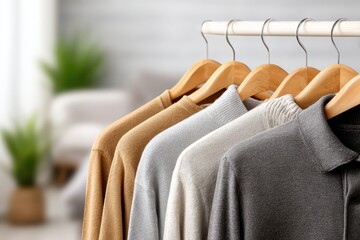 Fototapeta premium A row of knitted cardigans and shirts in neutral colors hanging on wooden hangers, showcasing a minimalist style and comfortable fabric in a blurred interior setting.