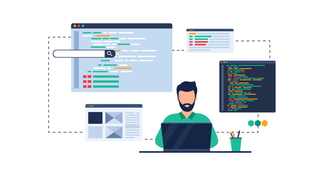 Web Developer Working on Coding Project &ndash; Software Development and Programming Interface Concept Vector Illustration