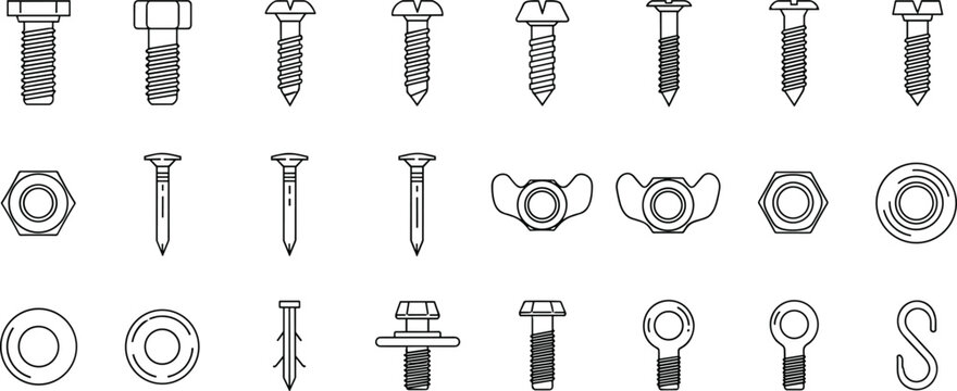 A comprehensive collection of various essential hardware fasteners vector icons, including bolts, nuts, screws, and washers, designed for industrial and construction design projects