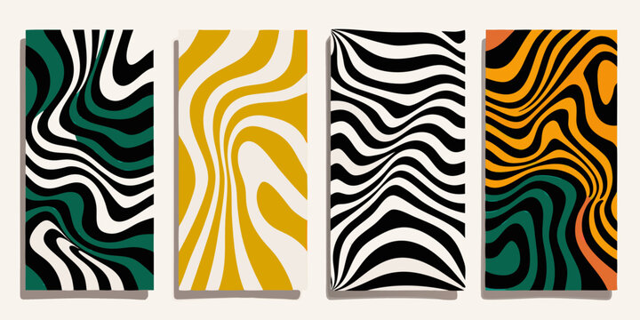 Four abstract panels with swirling wavy patterns in contrasting colors