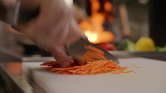 Hands of chef julienning carrot with sharp knife on cutting board, preparing thin vegetable strips for cooking in restaurant kitchen. Close-up view