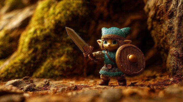 Detailed miniature Link figure holding sword and shield, ready for adventure in a mossy forest setting.