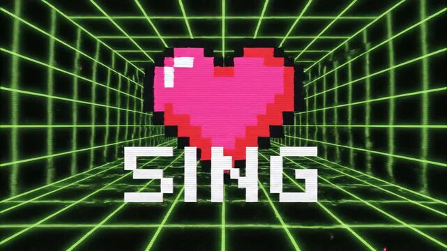 Retro pixel art heart and the word SING in a neon grid tunnel 80s synthwave aesthetic digital art abstract background.