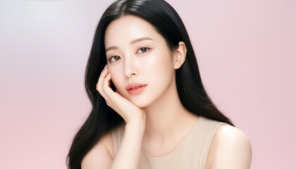 やわらかな微笑みと透明感あふれる素肌が印象的な若い日本人女性のビューティーポートレート、フェミニンなピンク背景のコピースペースでスキンケア・コスメ広告に使える上質な美容バナー素材