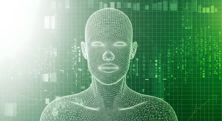 Obraz premium A futuristic digital human illustration with a green grid background
