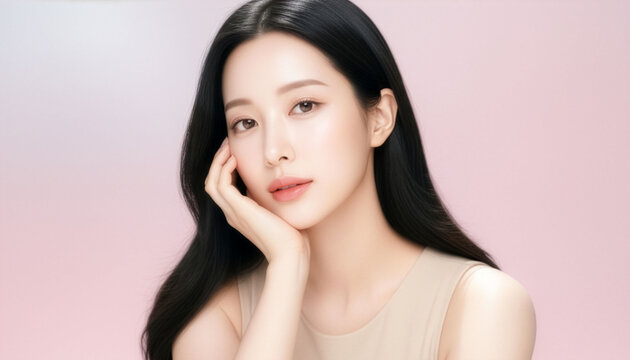 やわらかな微笑みと透明感あふれる素肌が印象的な若い日本人女性のビューティーポートレート、フェミニンなピンク背景のコピースペースでスキンケア・コスメ広告に使える上質な美容バナー素材