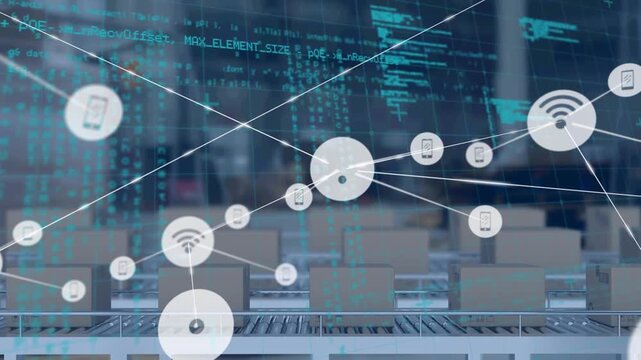 Animation of networks of connections and icons over boxes on conveyor belts and data processing