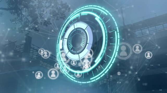 Animation of processing circle over network of connections and icons over cityscape