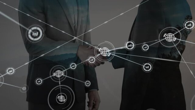 Animation of network of connections with icons over midsection of businesspeople shaking hands