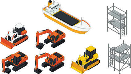 Isometric Construction Machinery Set with Cargo Ship Excavator Bulldozer and Scaffolding for Industrial Logistics Vector Illustration © VectoVerse