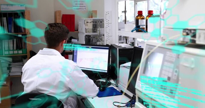 Animation of scientific data processing over back of caucasian male ab worker
