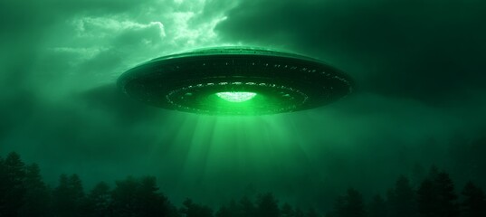 Flying saucer with green energy light. Generative AI technology.	

