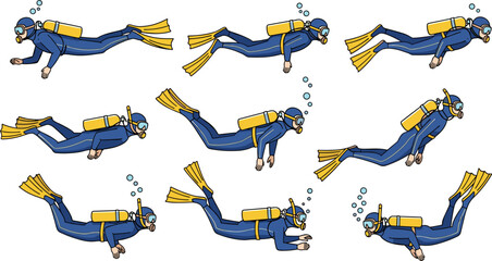Scuba diver vector illustration set with underwater swimming poses diving equipment and bubbles collection © Mifta