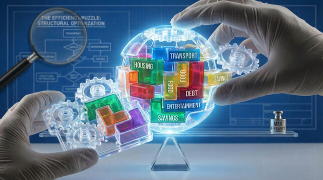 Hands solving efficiency puzzle on balance scale