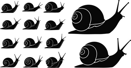 Multiple black snail silhouettes in various sizes and poses on white shell antennae © MdMoziburRahman