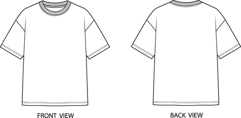 Blank oversized t-shirt technical flat sketch with front and back views for fashion, © VectoVerse