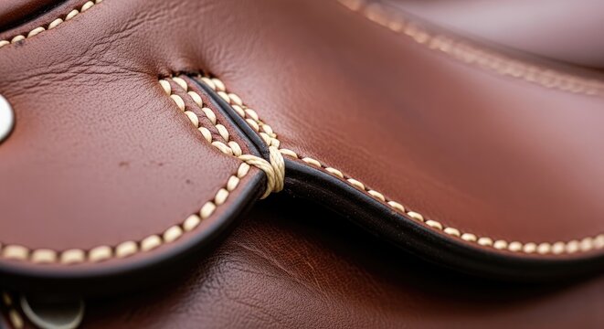 Close-up of a brown leather saddle with stitching.