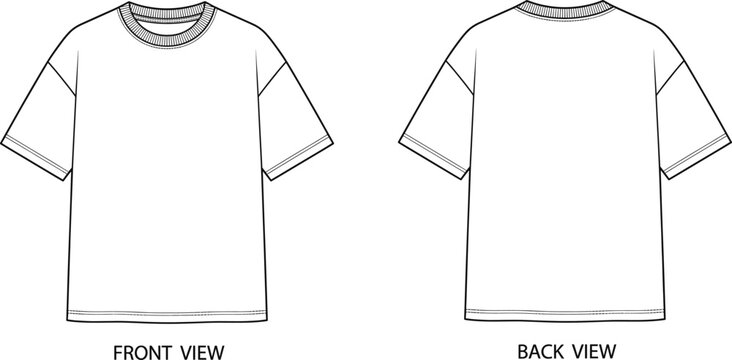 Blank oversized t-shirt technical flat sketch with front and back views for fashion,