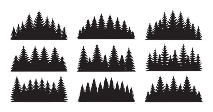 Detailed pine forest silhouette set for mountain landscape borders and outdoor adventure graphic designs