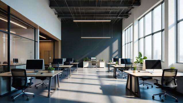 Empty Modern Open Plan Office with Large Windows and Clean, Stylish Desks
