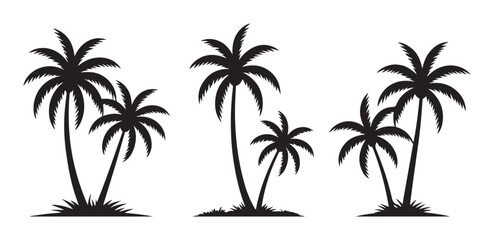 Fototapeta premium Tropical palm trees in silhouette on white background for summer vacation and travel design
