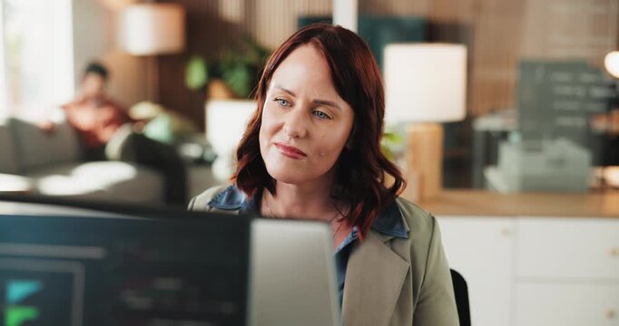 Woman, developer and computer for programming in office with research, software manual and coding. Female person, reading and troubleshooting server with pc, website maintenance and debugging system