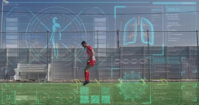 Animation of businesswoman and on rugby over sports stadium