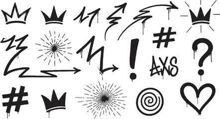 Graffiti Elements Pack: Crowns, Arrows, Hashtags, Exclamations, and Hearts for Urban Art and Social Media © HexaFrame