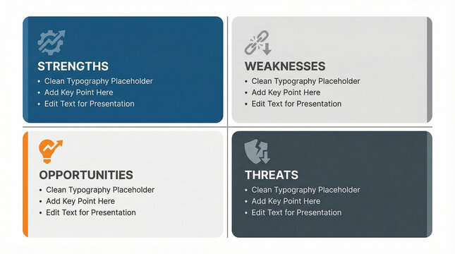 SWOT analysis infographic template with four quadrant layout strengths weaknesses opportunities threats