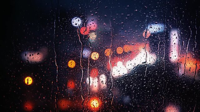 Rainy night cityscape through wet window, blurred traffic lights