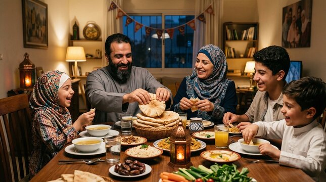 Happy Muslim Family Breaking Fast at Iftar Dinner Table During Ramadan