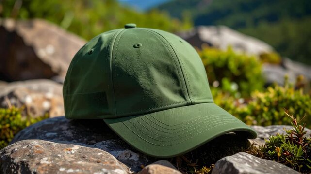 Green performance baseball cap resting on grey rocks with mountain landscape background under bright sunlight